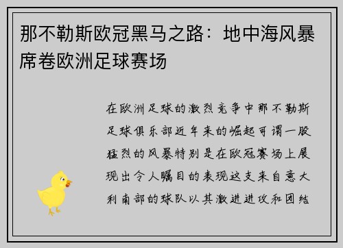 那不勒斯欧冠黑马之路：地中海风暴席卷欧洲足球赛场