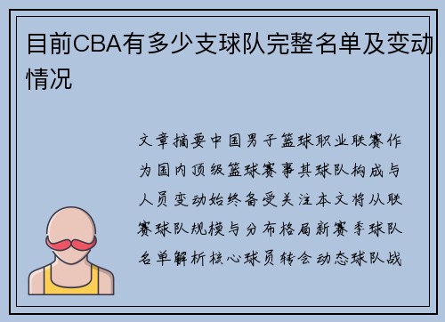 目前CBA有多少支球队完整名单及变动情况