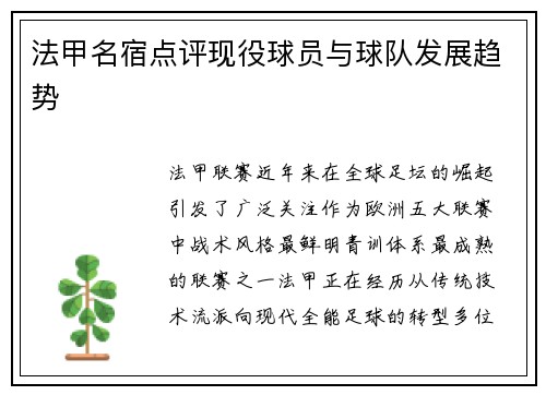法甲名宿点评现役球员与球队发展趋势